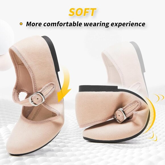 Babudog Womens Nude Faux Suede Rounded Toe Ankle Strap With Buckle Flats - Picture 3 of 9